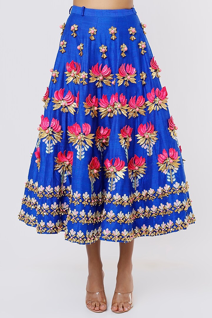 Electric Blue Embroidered Short Bridal Lehenga Set by Papa Don't Preach by Shubhika at Pernia's Pop Up Shop