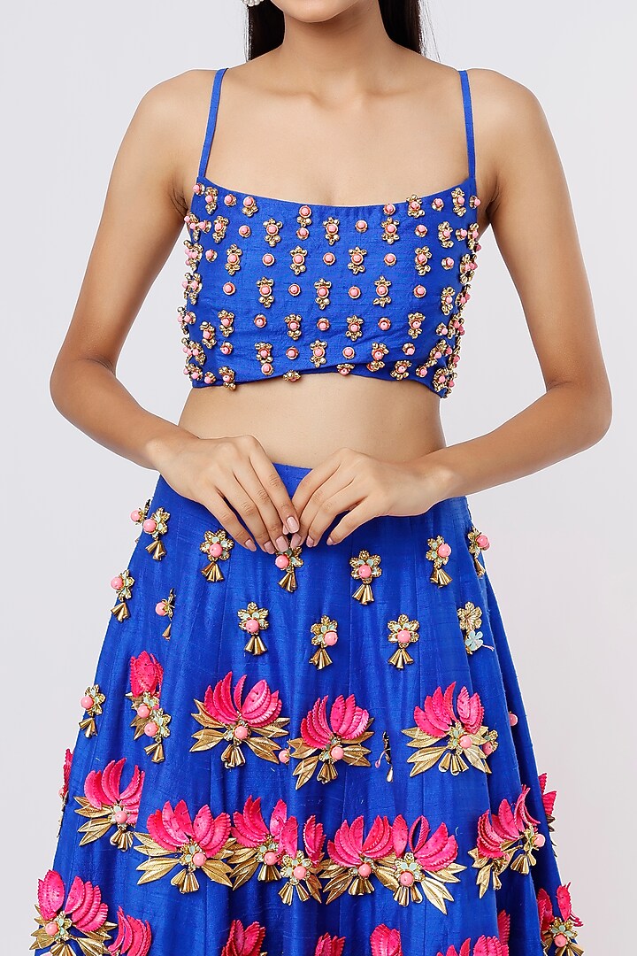 Electric Blue Embroidered Short Bridal Lehenga Set by Papa Don't Preach by Shubhika at Pernia's Pop Up Shop