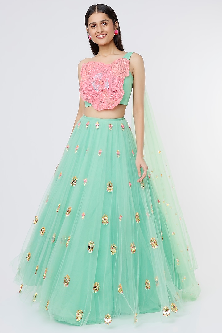 Mint Green Embroidered Bridal Lehenga Set by Papa Don't Preach by Shubhika at Pernia's Pop Up Shop