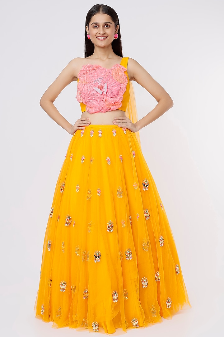 Mango Yellow Embroidered Bridal Lehenga Set by Papa Don't Preach by Shubhika at Pernia's Pop Up Shop