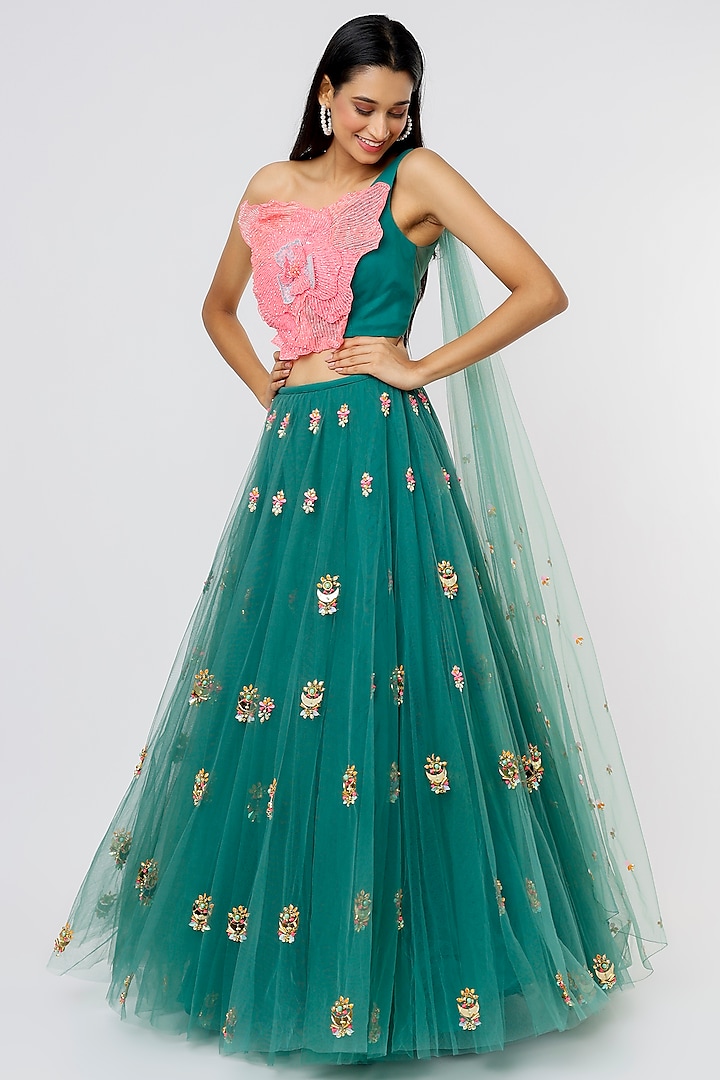 Dark Green Embroidered Lehenga Set by Papa Don't Preach by Shubhika