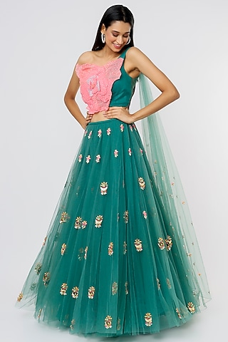Dark Green Embroidered Lehenga Set by Papa Don't Preach by Shubhika