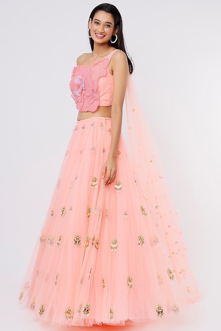 Peach Embroidered Lehenga Set by Papa Don't Preach by Shubhika