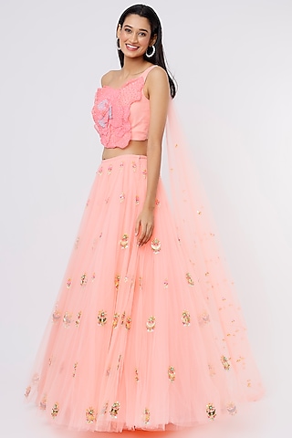 Peach Embroidered Lehenga Set by Papa Don't Preach by Shubhika