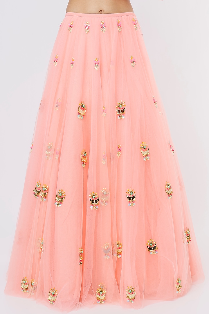 Peach Embroidered Bridal Lehenga Set by Papa Don't Preach by Shubhika at Pernia's Pop Up Shop