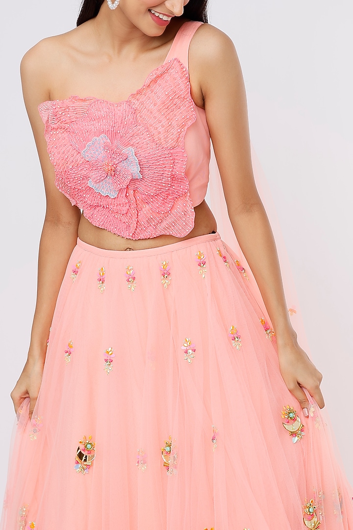 Peach Embroidered Bridal Lehenga Set by Papa Don't Preach by Shubhika at Pernia's Pop Up Shop