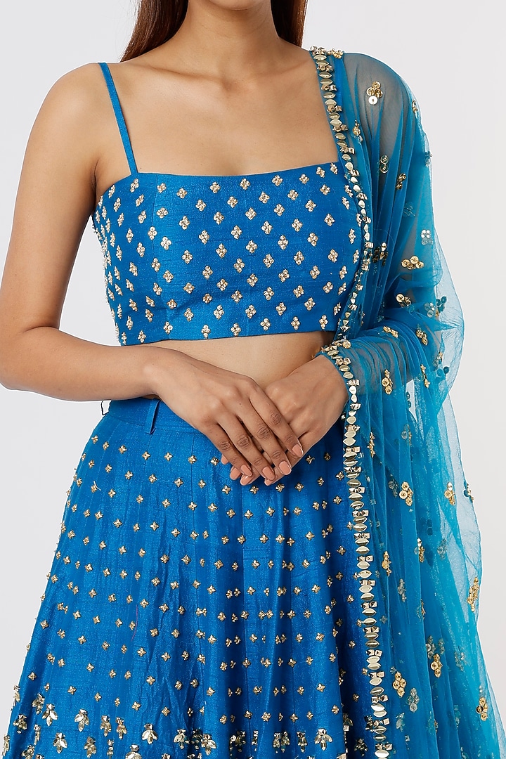 Teal Blue Embroidered Bridal Lehenga Set by Papa Don't Preach by Shubhika at Pernia's Pop Up Shop
