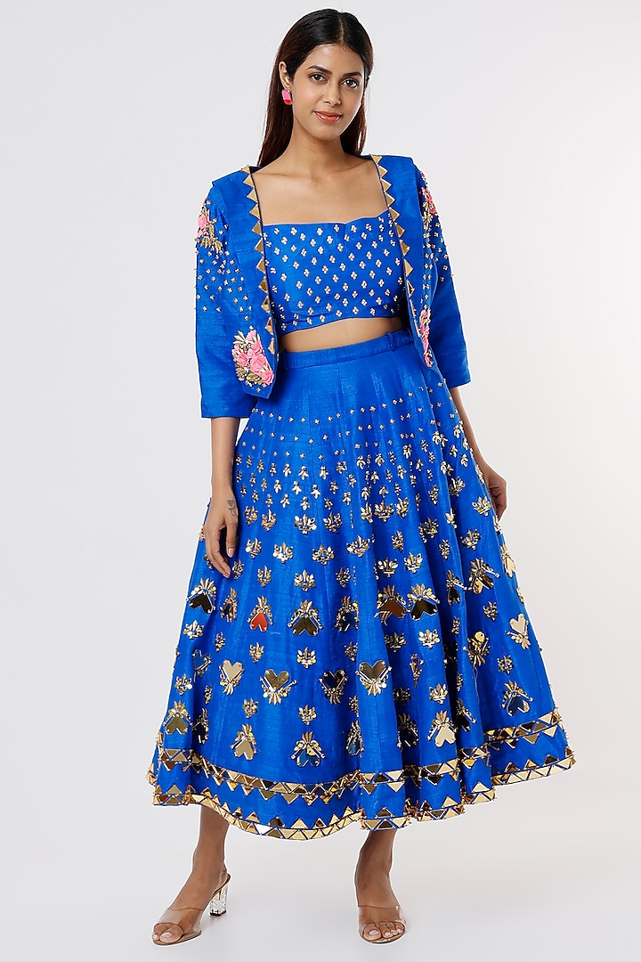 Electric Blue Embroidered Skirt Set With Short Jacket by Papa Don't Preach by Shubhika