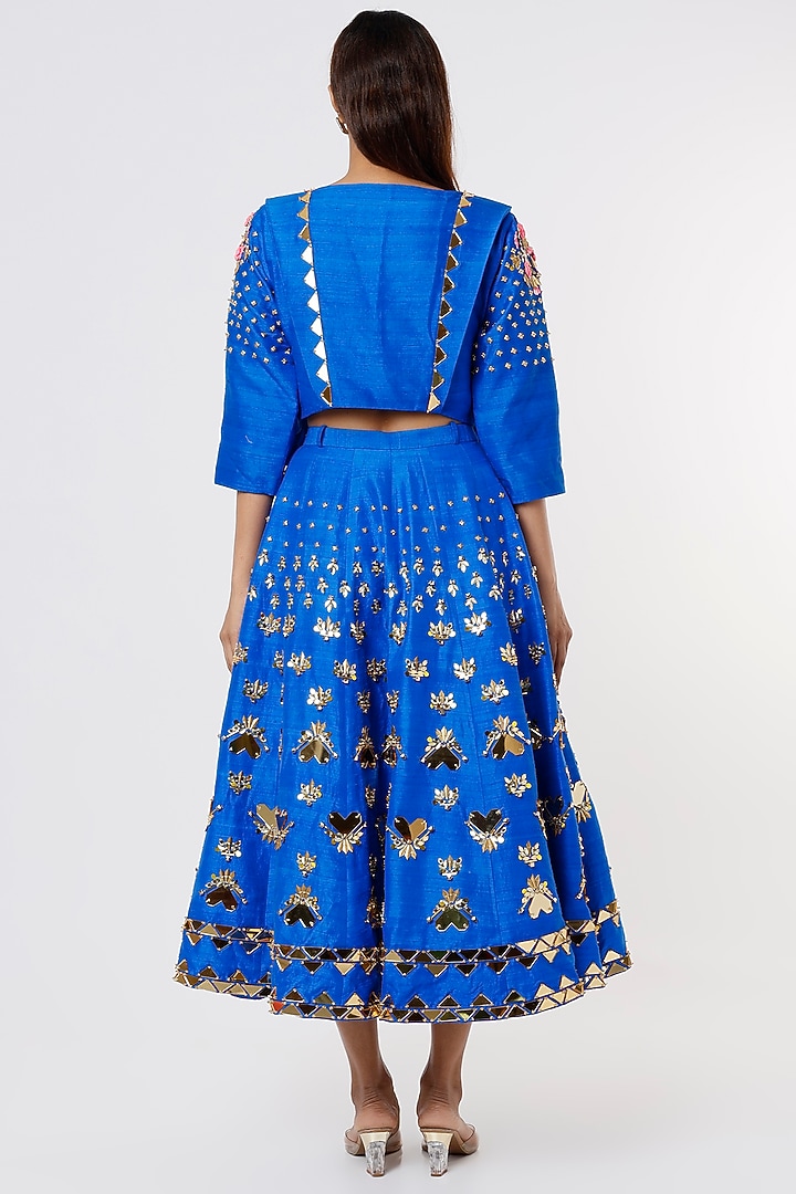 Electric Blue Embroidered Skirt Set With Short Jacket by Papa Don't Preach by Shubhika at Pernia's Pop Up Shop