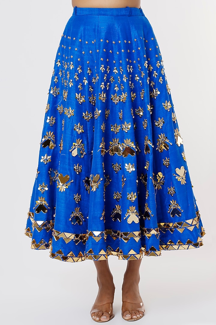 Electric Blue Embroidered Skirt Set With Short Jacket by Papa Don't Preach by Shubhika at Pernia's Pop Up Shop