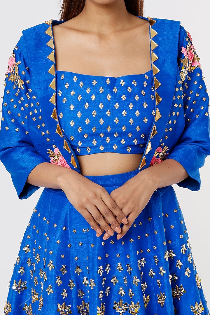 Electric Blue Embroidered Skirt Set With Short Jacket by Papa Don't Preach by Shubhika at Pernia's Pop Up Shop