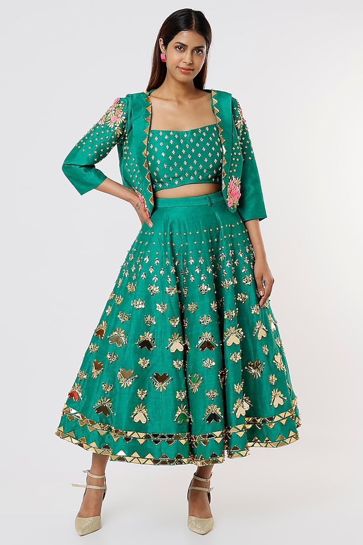 Jade Green Embroidered Skirt Set With Short Jacket by Papa Don't Preach by Shubhika at Pernia's Pop Up Shop