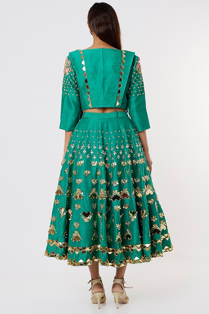 Jade Green Embroidered Skirt Set With Short Jacket by Papa Don't Preach by Shubhika at Pernia's Pop Up Shop