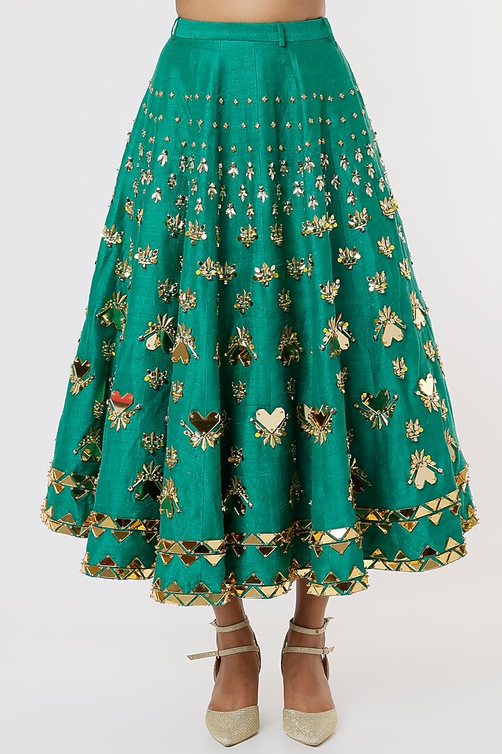 Jade Green Embroidered Skirt Set With Short Jacket by Papa Don't Preach by Shubhika at Pernia's Pop Up Shop
