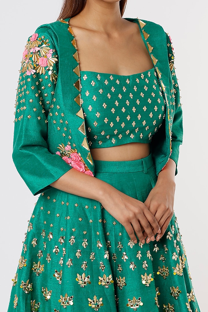 Jade Green Embroidered Skirt Set With Short Jacket by Papa Don't Preach by Shubhika at Pernia's Pop Up Shop