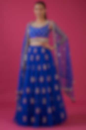 Cobalt Blue Tulle Embroidered Lehenga Set by Papa Don't Preach by Shubhika