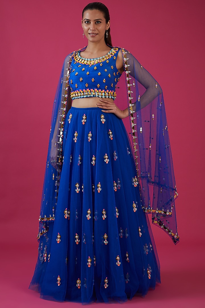 Cobalt Blue Tulle Embroidered Lehenga Set by Papa Don't Preach by Shubhika