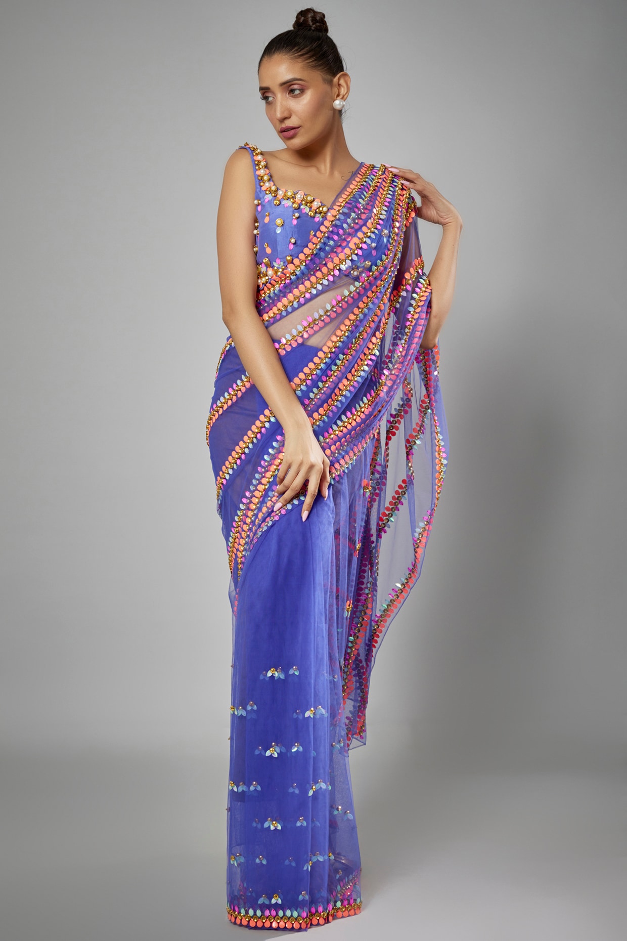 Indigo blue Linen Saree with Handwork on yoke - Sarees - Products