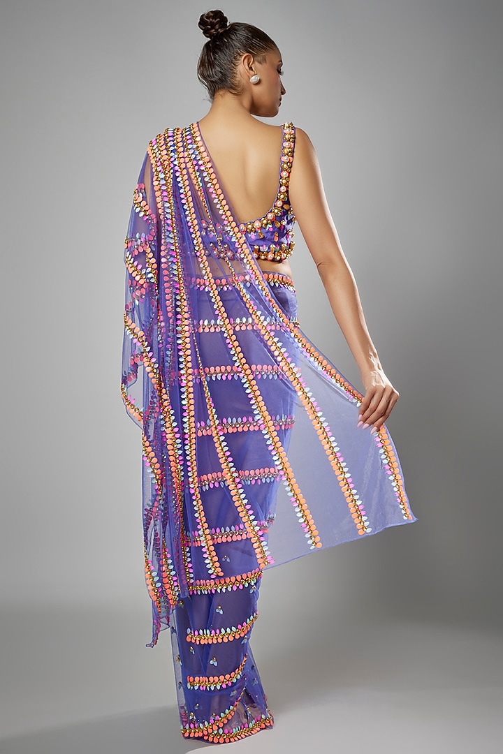 Indigo Crepe & Tulle Embroidered Pre-Stitched Reception Saree Set by Papa Don't Preach by Shubhika at Pernia's Pop Up Shop