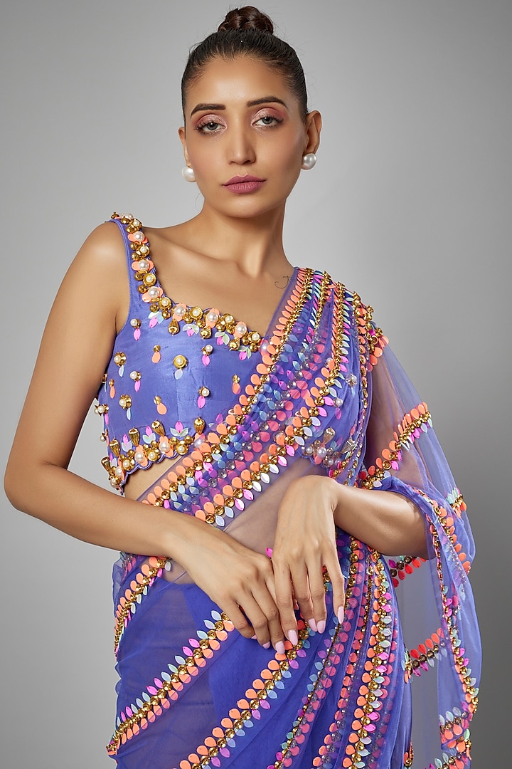 Indigo Crepe & Tulle Embroidered Pre-Stitched Reception Saree Set by Papa Don't Preach by Shubhika at Pernia's Pop Up Shop
