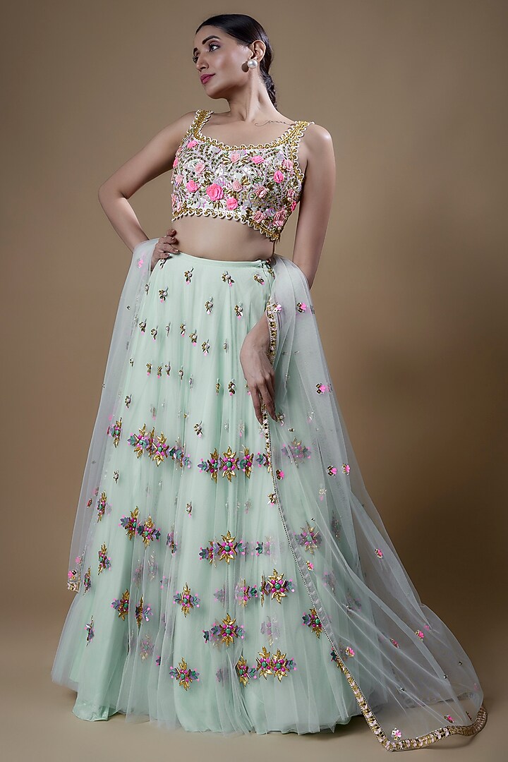 Jade Tulle & Matka Silk Embellished Bridal Lehenga Set by Papa Don't Preach by Shubhika at Pernia's Pop Up Shop