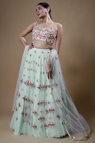 Jade Tulle & Matka Silk Embellished Lehenga Set by Papa Don't Preach by Shubhika