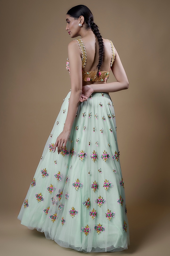 Jade Tulle & Matka Silk Embellished Bridal Lehenga Set by Papa Don't Preach by Shubhika at Pernia's Pop Up Shop