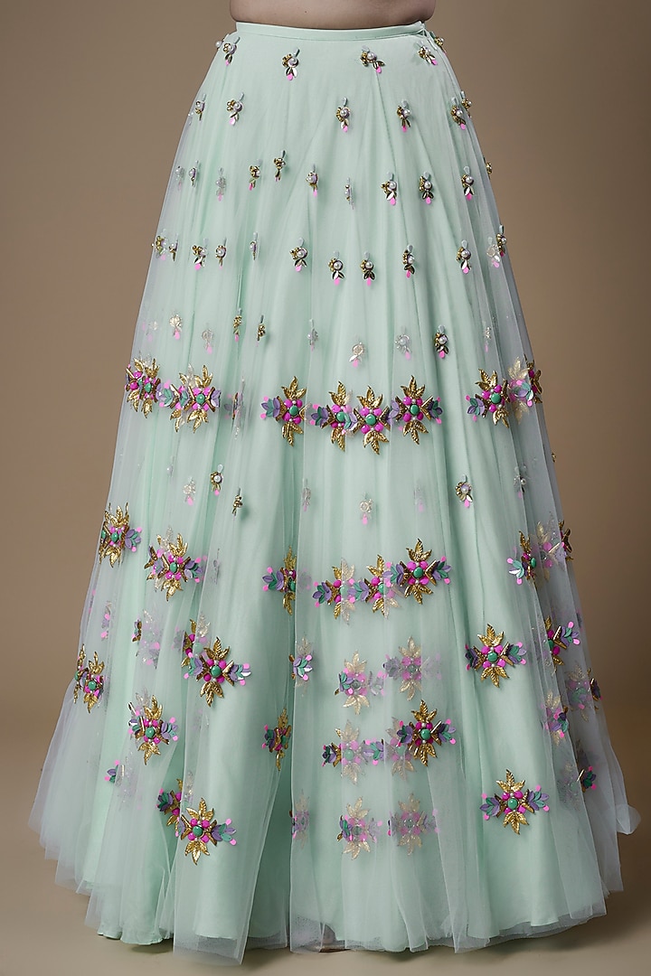 Jade Tulle & Matka Silk Embellished Bridal Lehenga Set by Papa Don't Preach by Shubhika at Pernia's Pop Up Shop