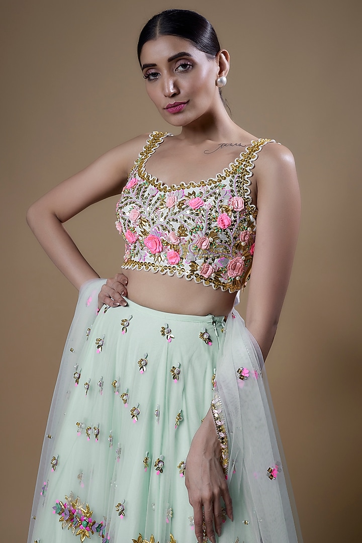 Jade Tulle & Matka Silk Embellished Bridal Lehenga Set by Papa Don't Preach by Shubhika at Pernia's Pop Up Shop