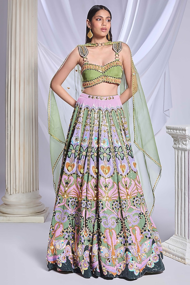 Green Sequins Printed & Embroidered Bridal Lehenga Set by Papa Don't Preach by Shubhika at Pernia's Pop Up Shop