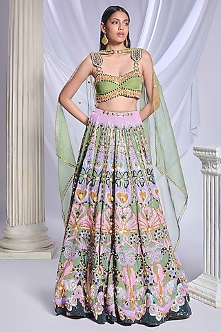 Green Sequins Printed & Embroidered Lehenga Set by Papa Don't Preach by Shubhika