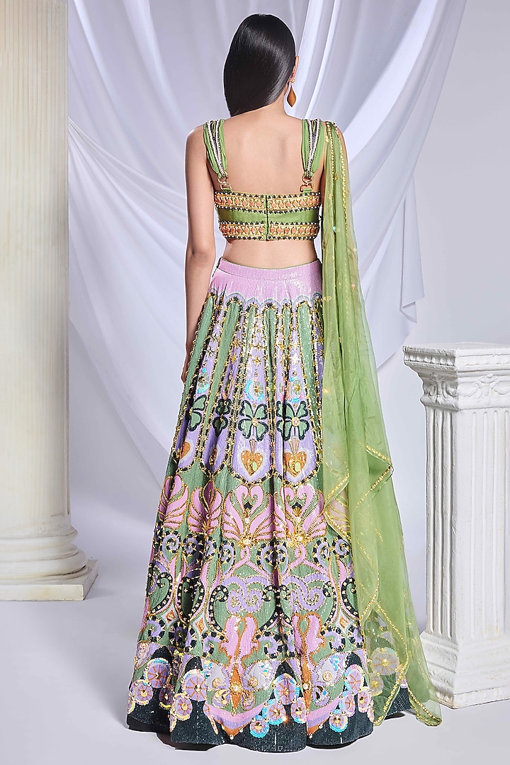 Green Sequins Printed & Embroidered Bridal Lehenga Set by Papa Don't Preach by Shubhika at Pernia's Pop Up Shop