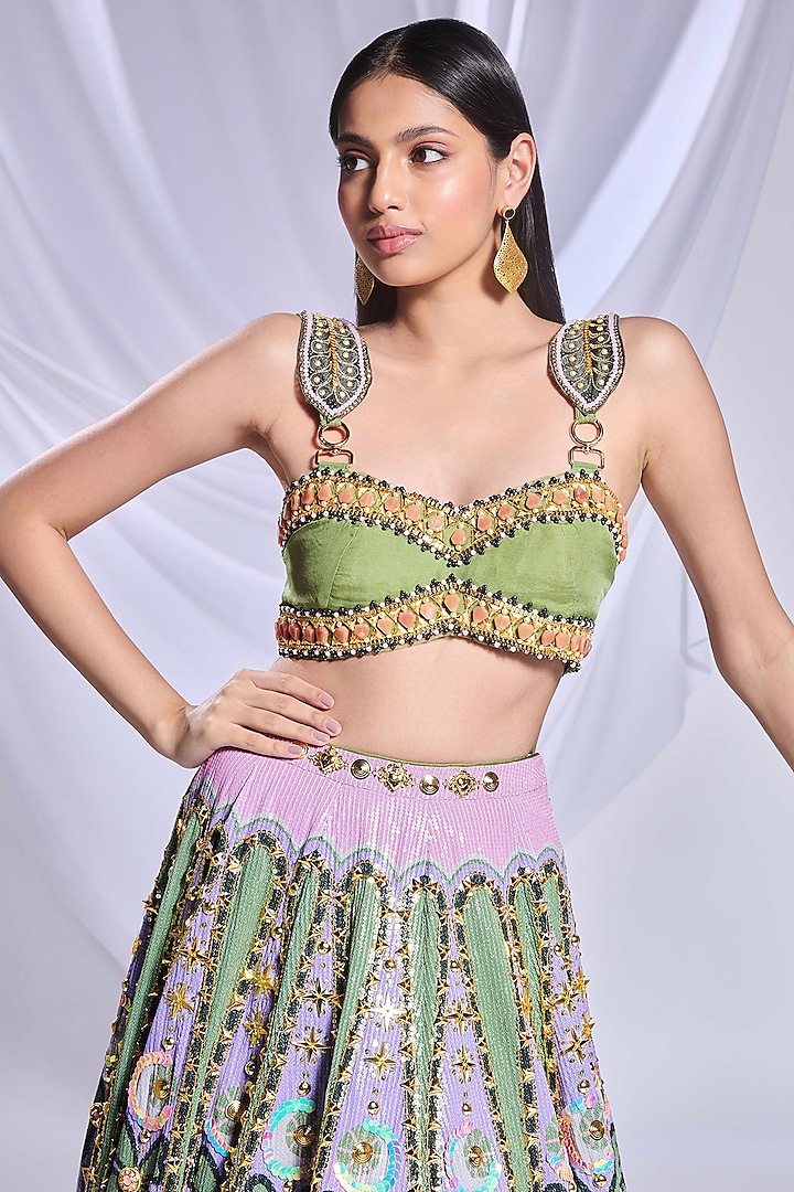 Green Sequins Printed & Embroidered Bridal Lehenga Set by Papa Don't Preach by Shubhika at Pernia's Pop Up Shop
