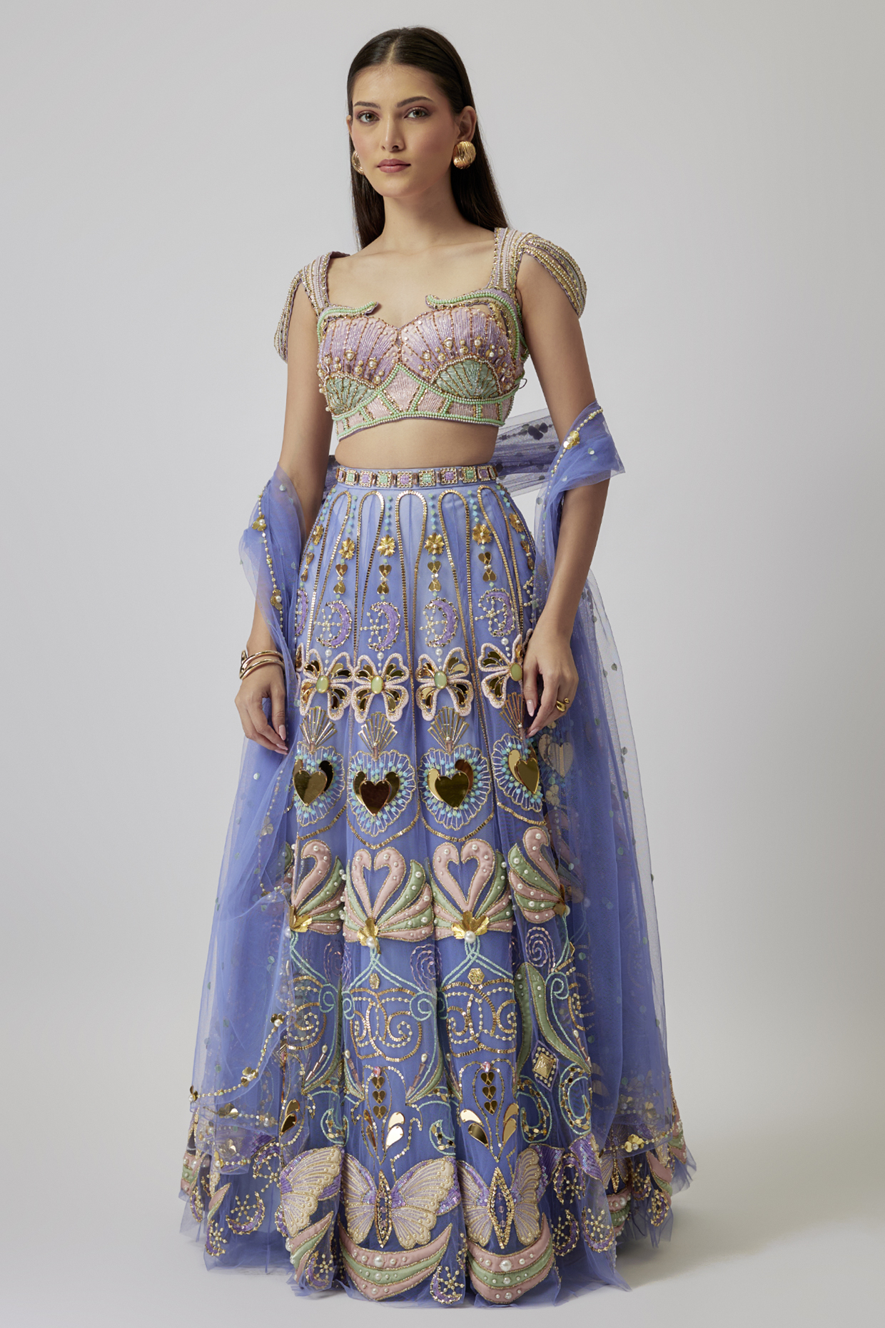 Blue Tulle Sequins & Crystal Embroidered Bridal Lehenga Set by Papa Don't Preach by Shubhika at Pernia's Pop Up Shop