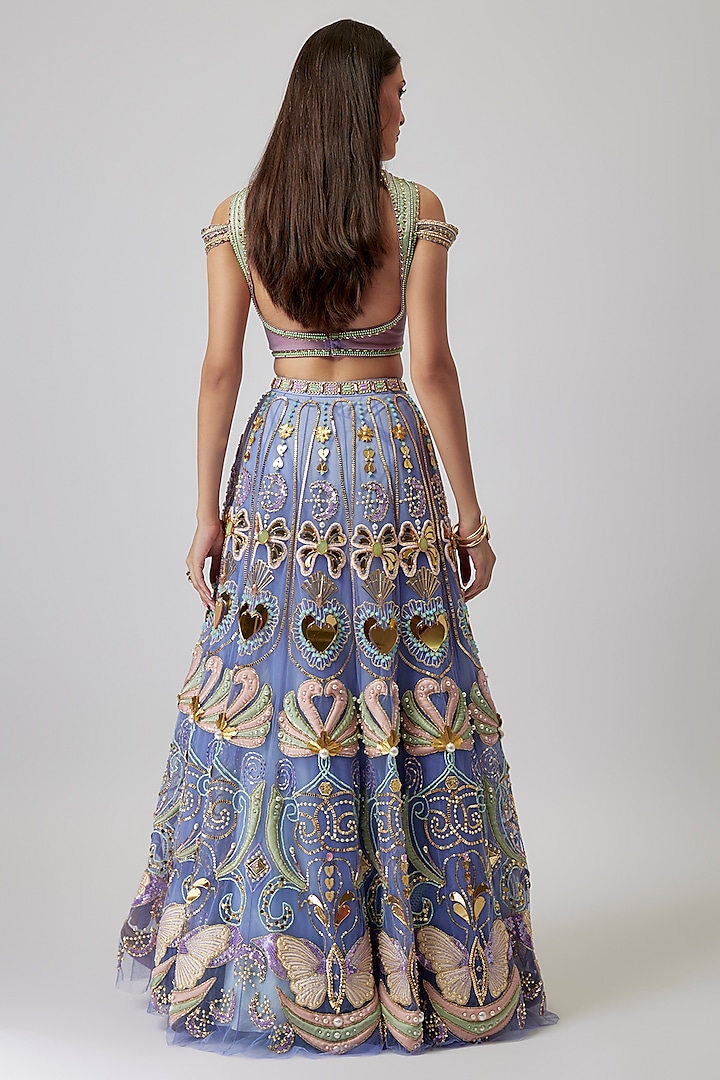 Blue Tulle Sequins & Crystal Embroidered Bridal Lehenga Set by Papa Don't Preach by Shubhika at Pernia's Pop Up Shop