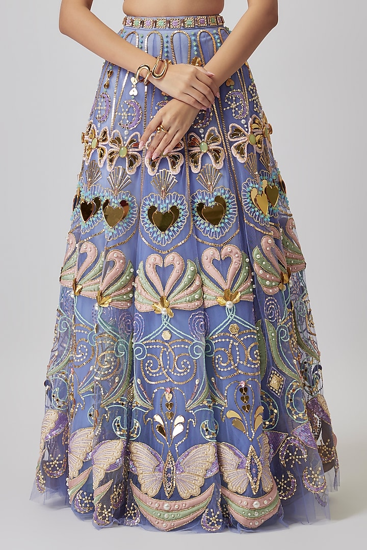 Blue Tulle Sequins & Crystal Embroidered Bridal Lehenga Set by Papa Don't Preach by Shubhika at Pernia's Pop Up Shop