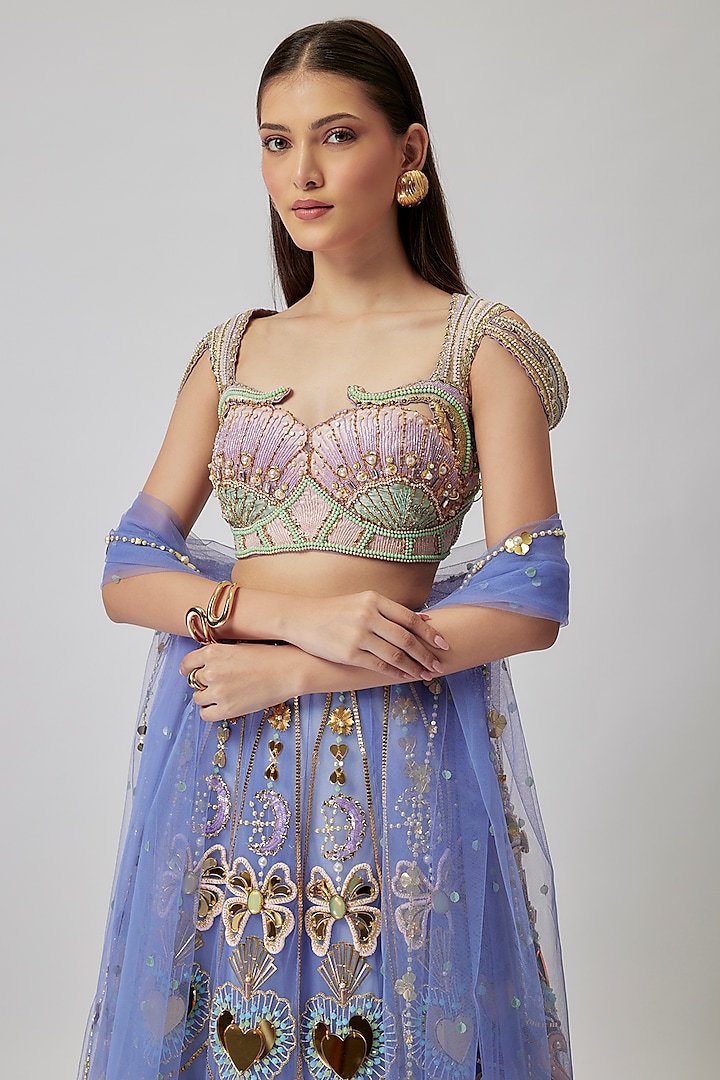 Blue Tulle Sequins & Crystal Embroidered Bridal Lehenga Set by Papa Don't Preach by Shubhika at Pernia's Pop Up Shop