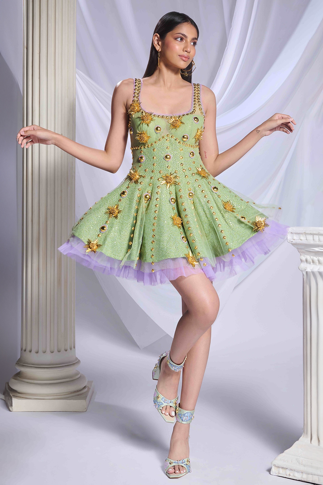 Green Tulle Metal Embroidered Babydoll Mini Dress by Papa