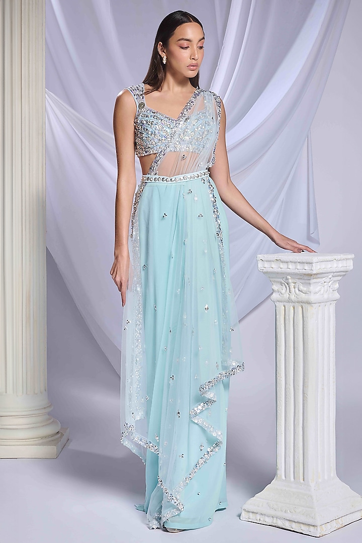 Powder Blue Georgette Embroidered Pre-Stitched Skirt Saree Set by Papa Don't Preach by Shubhika