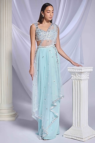 Powder Blue Georgette Embroidered Pre-Stitched Skirt Saree Set by Papa Don't Preach by Shubhika