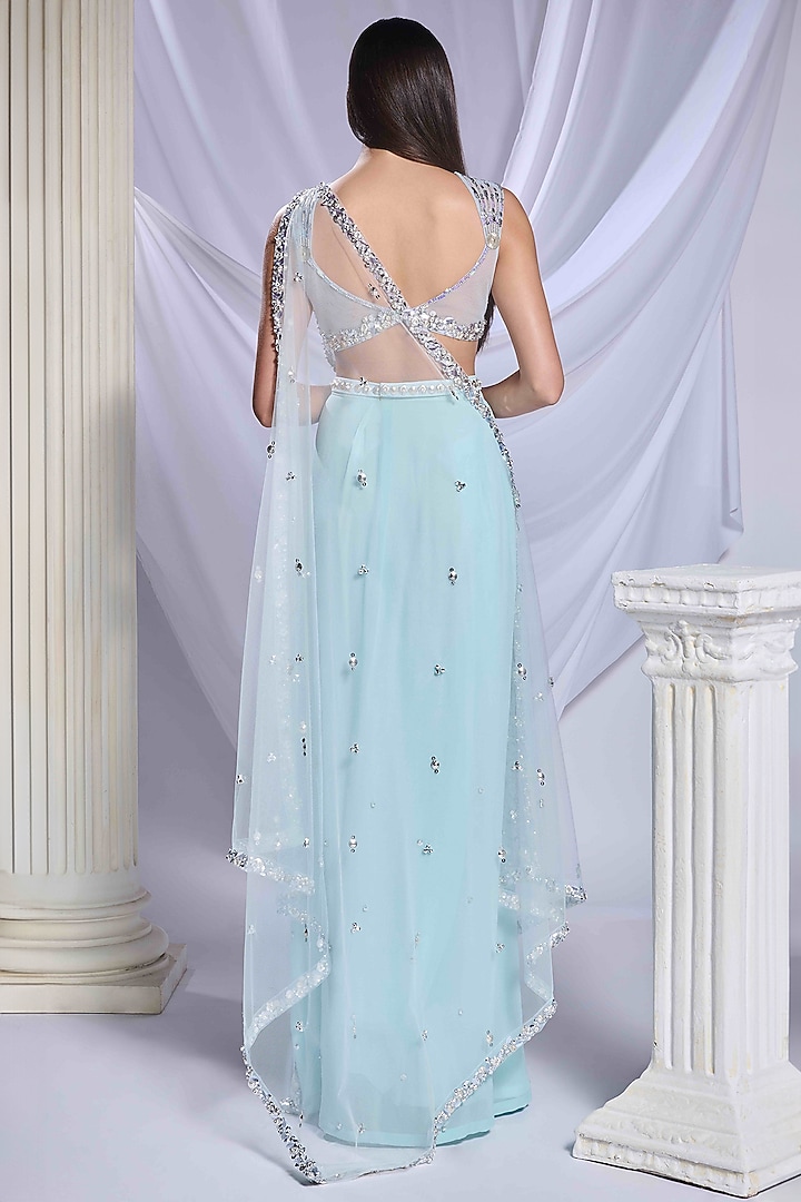 Powder Blue Georgette Embroidered Pre-Stitched Skirt Reception Saree Set by Papa Don't Preach by Shubhika at Pernia's Pop Up Shop