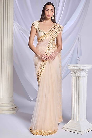 Ivory Georgette & Organza Crystal Embroidered Pre-Stitched Reception Saree Set by Papa Don't Preach by Shubhika at Pernia's Pop Up Shop