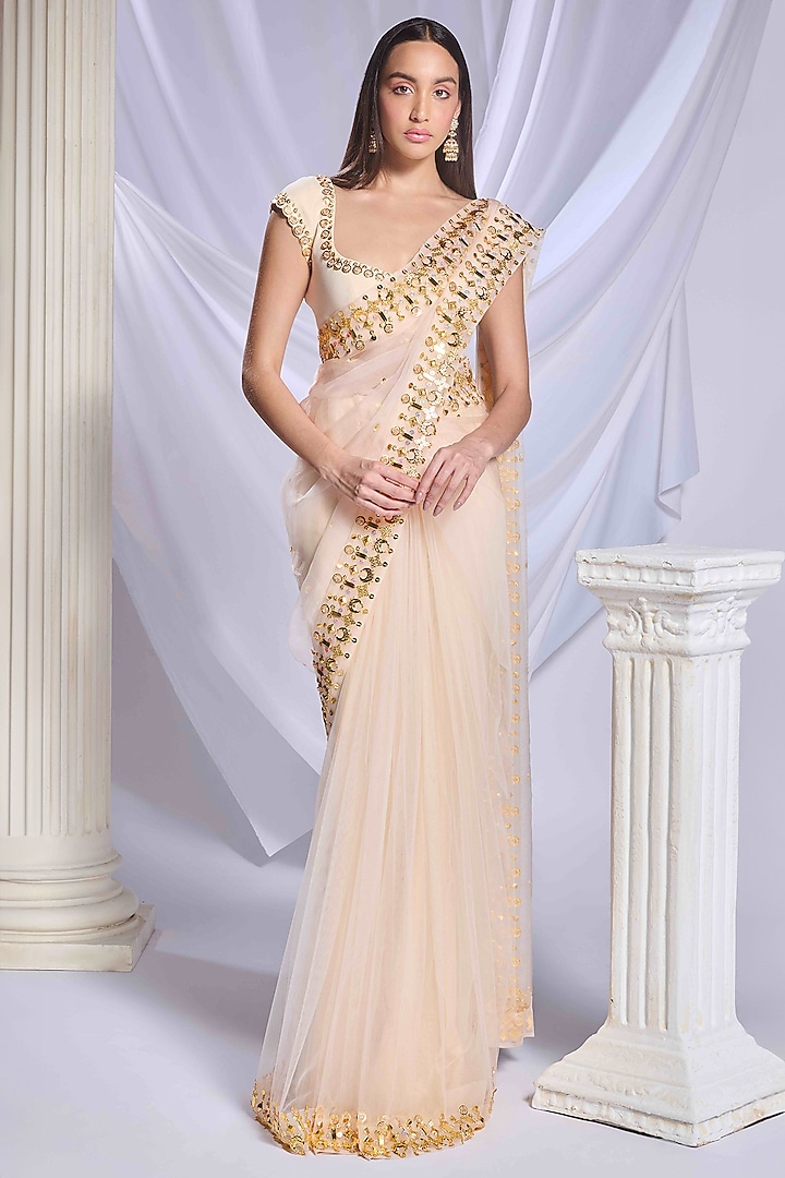 Ivory Georgette & Organza Crystal Embroidered Pre-Stitched Saree Set by Papa Don't Preach by Shubhika