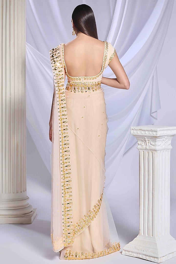Ivory Georgette & Organza Crystal Embroidered Pre-Stitched Reception Saree Set by Papa Don't Preach by Shubhika at Pernia's Pop Up Shop
