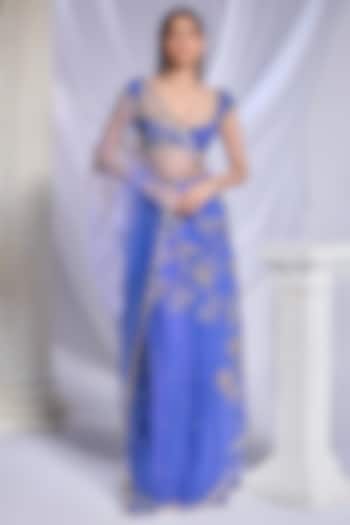 Deep Blue Organza & Tulle Sequins Work Pre-Stitched Reception Saree Set by Papa Don't Preach by Shubhika at Pernia's Pop Up Shop