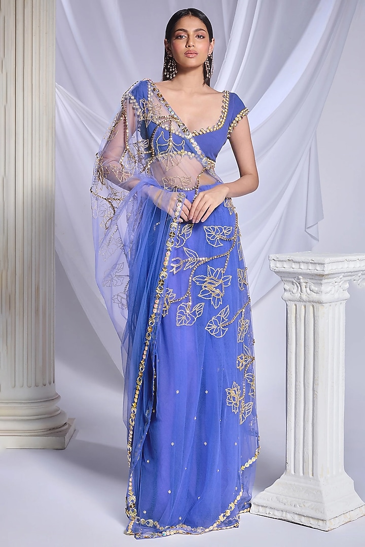 Deep Blue Organza & Tulle Sequins Work Pre-Stitched Reception Saree Set by Papa Don't Preach by Shubhika at Pernia's Pop Up Shop