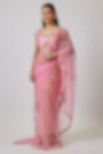 Pink Organza Sequin Embroidered Reception Saree Set by Papa Don't Preach by Shubhika at Pernia's Pop Up Shop