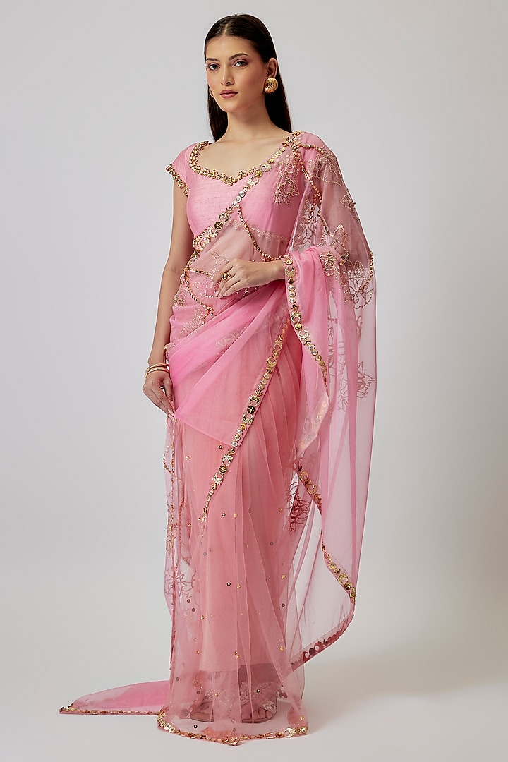 Pink Organza Sequin Embroidered Reception Saree Set by Papa Don't Preach by Shubhika at Pernia's Pop Up Shop