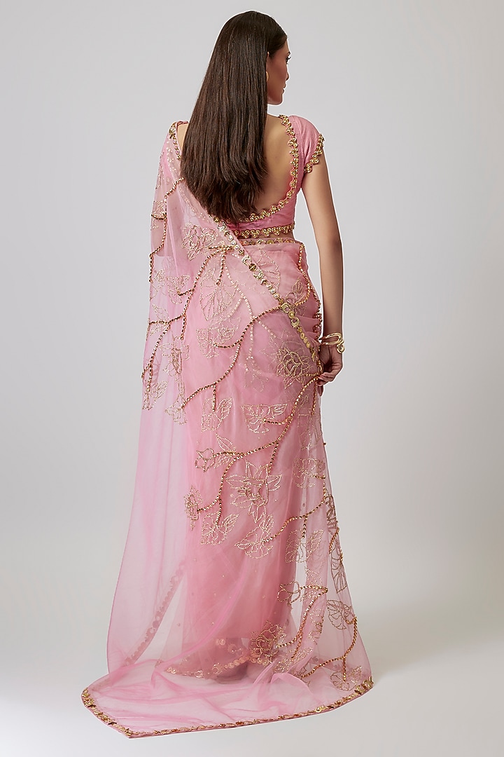 Pink Organza Sequin Embroidered Reception Saree Set by Papa Don't Preach by Shubhika at Pernia's Pop Up Shop