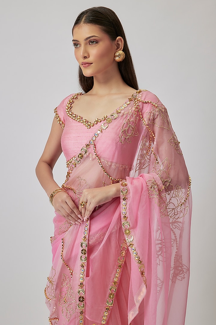 Pink Organza Sequin Embroidered Reception Saree Set by Papa Don't Preach by Shubhika at Pernia's Pop Up Shop